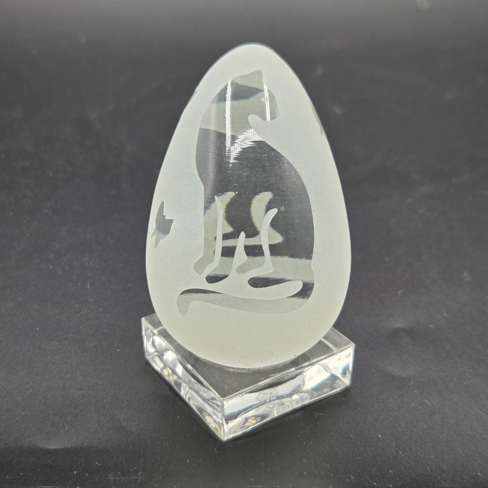 Vintage Etched CAT w/ Butterflies Pilgrim Glass Egg Paperweight with Stand